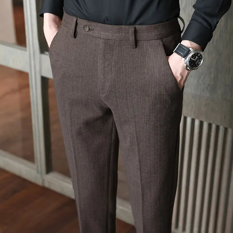 2024 Autumn and Winter New Wheat Grain Woolen Thick Khaki Trousers for Men, Coffee Color Fashionable Versatile Mens Casual Pants