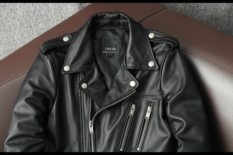 2025 New Genuine Cow Leather Jacket Men Autumn Winter Male Coats Diagonal zipper and Multi Pocket slim Motorcycle Clothing