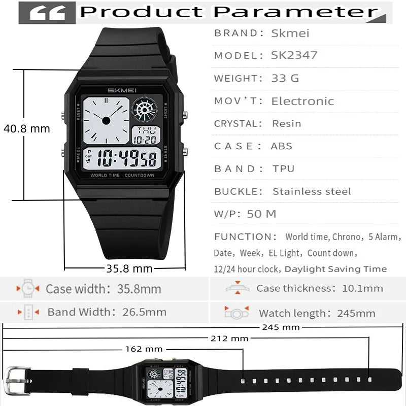 Skmei 5 Alarm Clock Male Military Sports Watches Analog Digital Display Multiple Time Zone Waterproof Swimming Mens Stop Watch