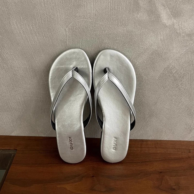 SUOJIALUN 2025 Summer New Brand Women Slipper Fashion Narrow Band Slip On Flip Flops Soft Flat Heel Outdoor Casual Dress Slides
