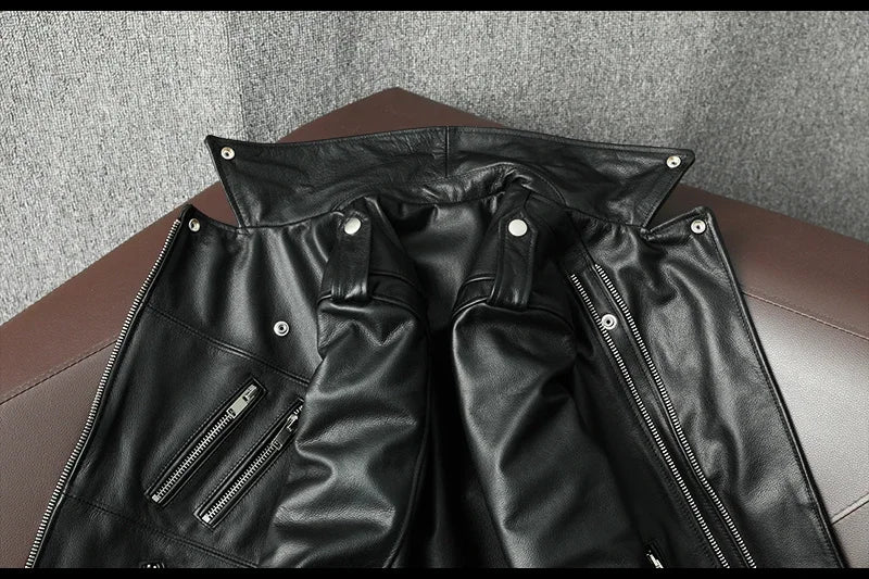 2025 New Genuine Cow Leather Jacket Men Autumn Winter Male Coats Diagonal zipper and Multi Pocket slim Motorcycle Clothing
