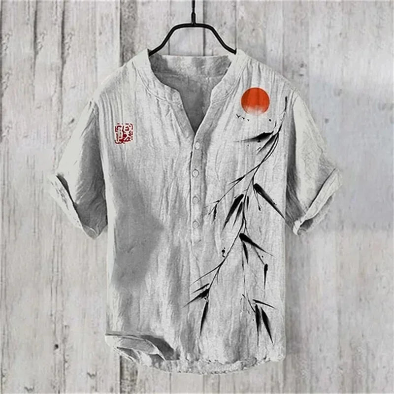 Hawaiian Men's Linen V-neck Shirt Men's T-shirt 2024 New 100% Linen Shirt HD Pattern Plus Size Crane Landscape Painting Shirt