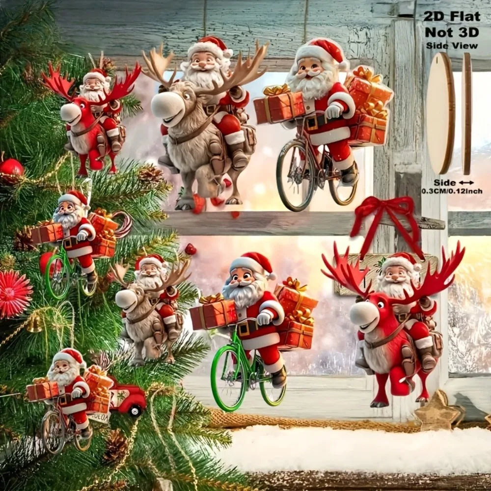 8/16/24PCS Christmas Wooden Bicycle Santa Claus 2D Flat Pendant Xmas Tree Decoration Holiday Gift Christmas Ornaments Home Decor