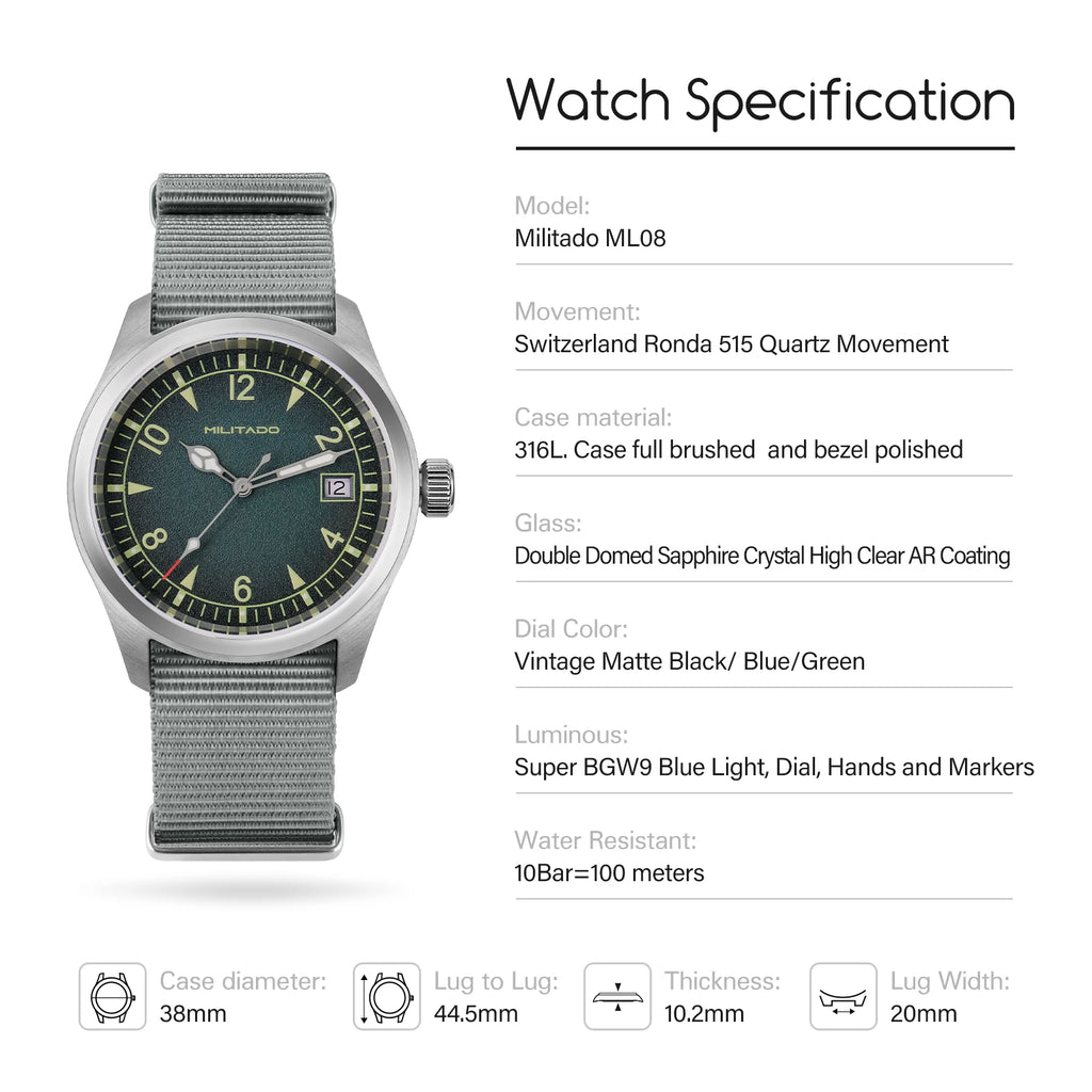 Militado  ML18 36mm Men Watch VH31 Quartz Movement Watches Luminous Sapphire Double Domed Crystal Waterproof Vintage Wristwatch