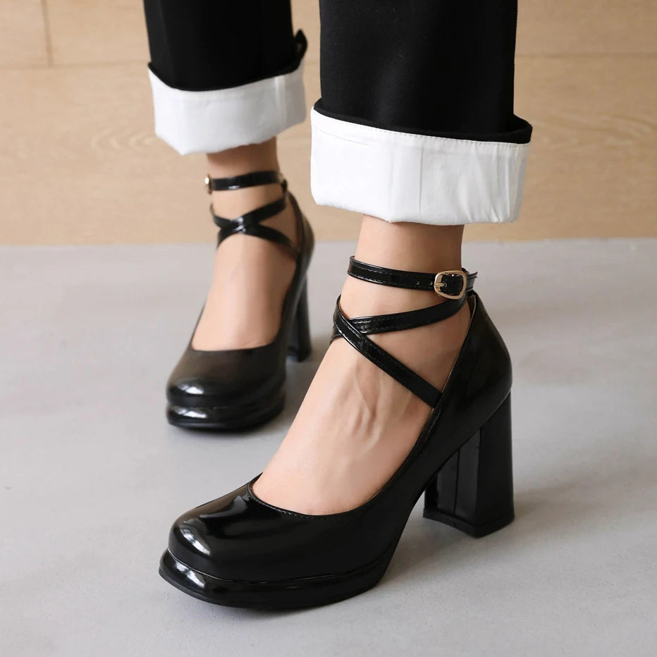 2025 New Punk Goth Platform Womens Pumps Round Toe Thick Heels Female Spring Fall Cross Straps Casual Shoes Women Moccasins