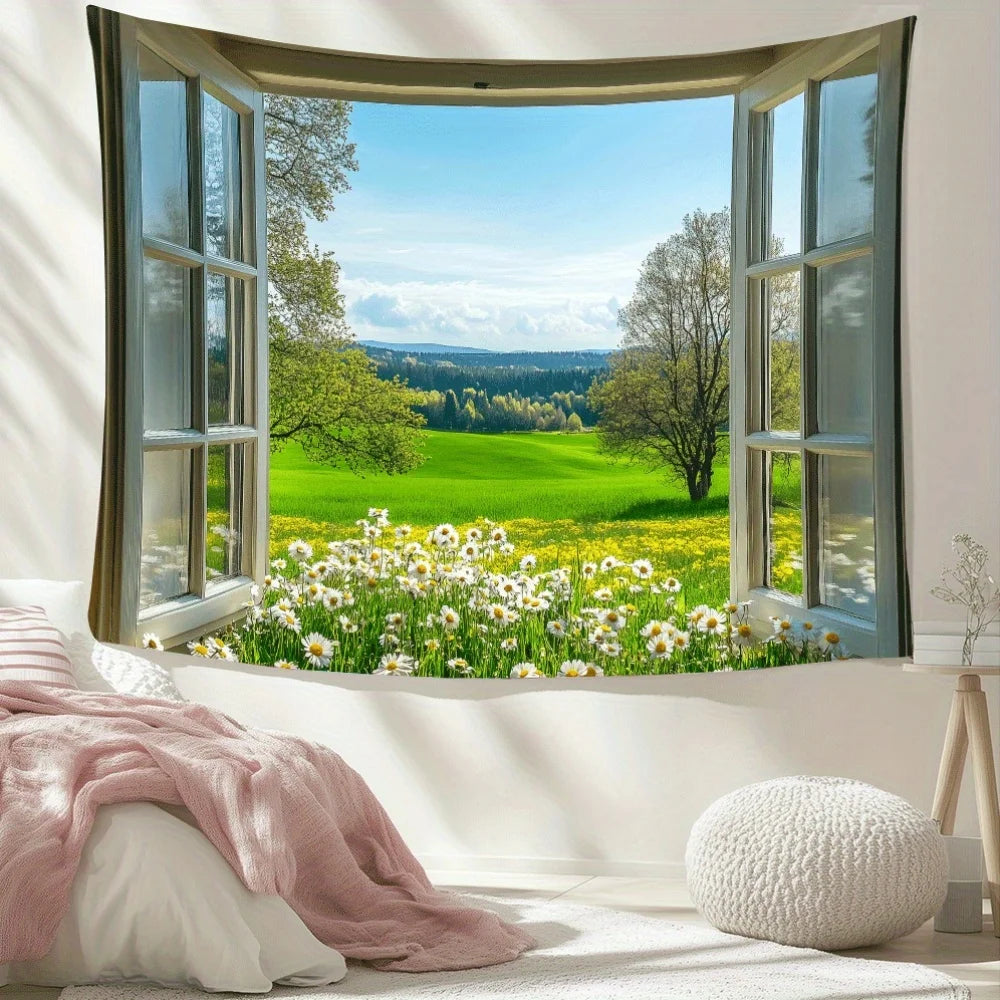 Spring Window View Tapestry" - Perfect for Scenic, Serene & Unique Home Decor with Nature Charm and Fresh Vibes