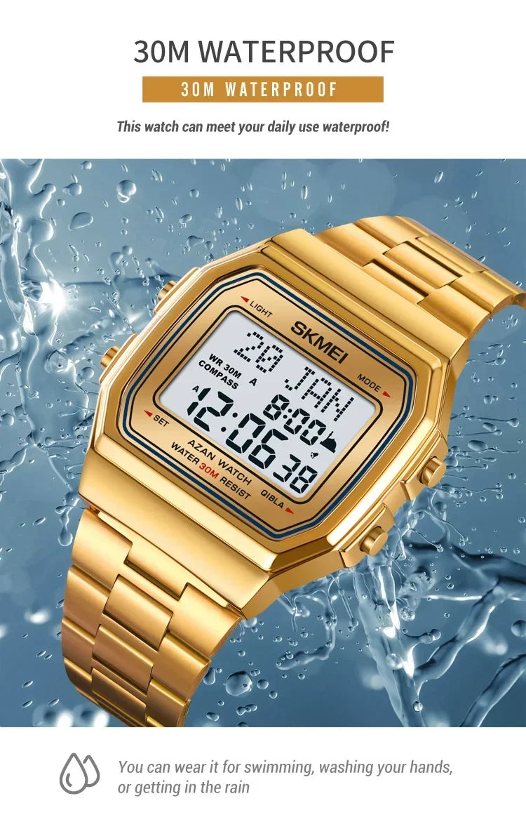 SKMEI 2113 Mens Prayer Azan Compass Alarm Hijri Islamic Digital Wristwatches New Back Light Display Stopwatch Sports Watches