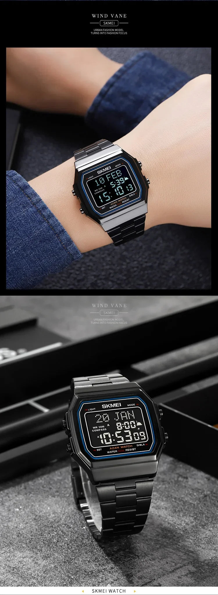 SKMEI 2113 Mens Prayer Azan Compass Alarm Hijri Islamic Digital Wristwatches New Back Light Display Stopwatch Sports Watches