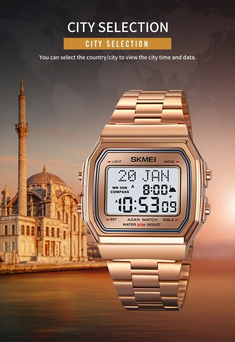 SKMEI 2113 Mens Prayer Azan Compass Alarm Hijri Islamic Digital Wristwatches New Back Light Display Stopwatch Sports Watches