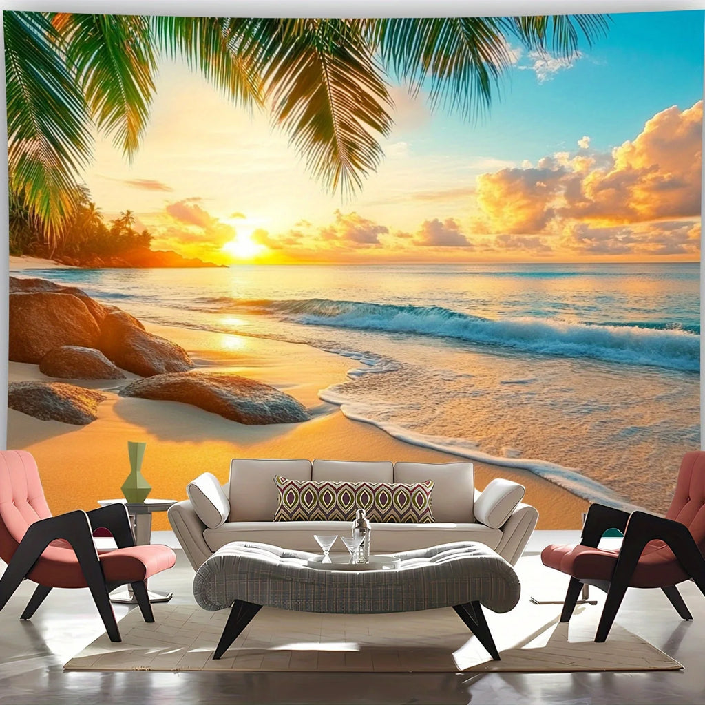 Tropical Paradise Sunset Wall Tapestry for Relaxing Home Decor, Featuring a Stunning View of a Golden Sunset Over Calm