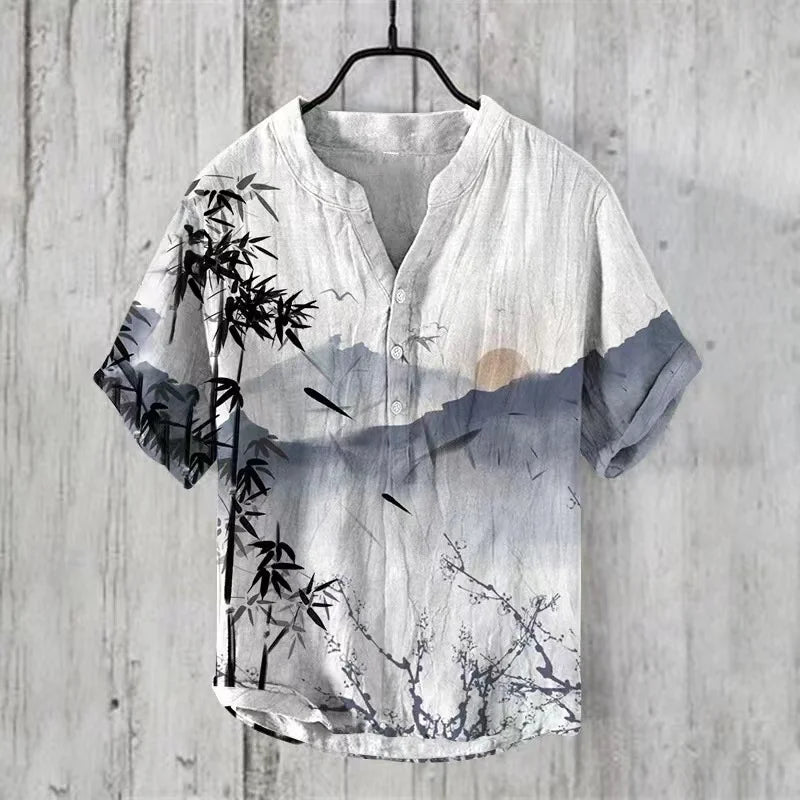 Hawaiian Men's Linen V-neck Shirt Men's T-shirt 2024 New 100% Linen Shirt HD Pattern Plus Size Crane Landscape Painting Shirt