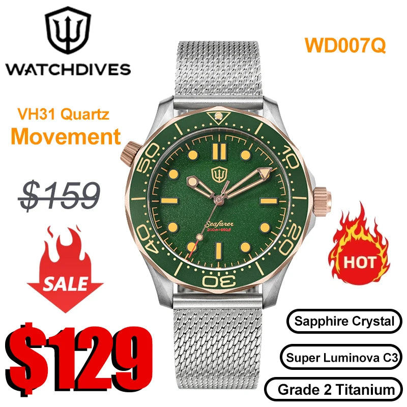 Watchdives WD1960S V2 Watch VH31 Sweep Second Movement Stainless Steel Sapphire Crystal Business Wristwatch Vintage Watches