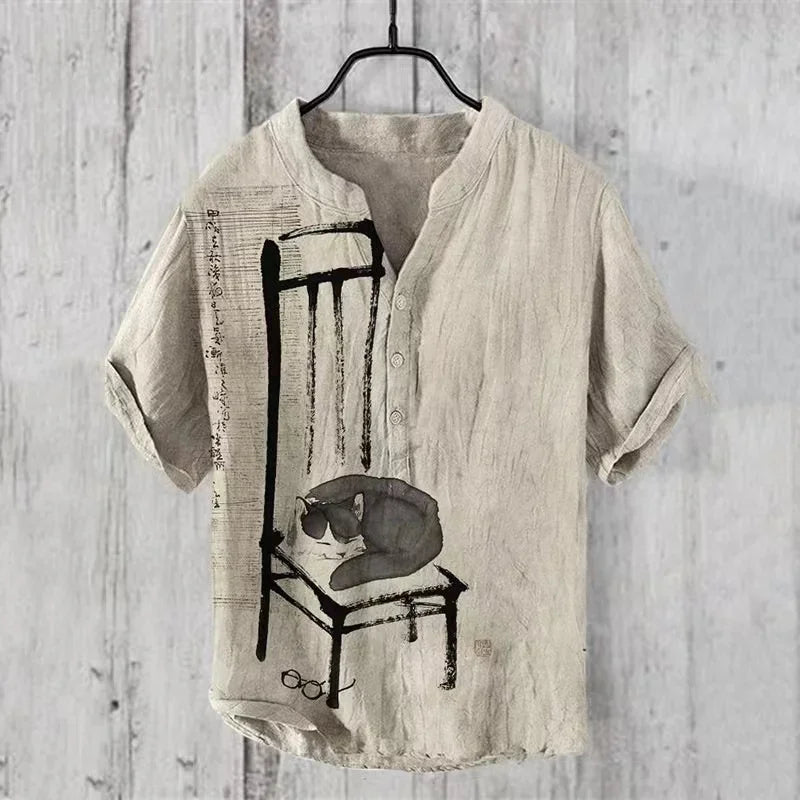 Hawaiian Men's Linen V-neck Shirt Men's T-shirt 2024 New 100% Linen Shirt HD Pattern Plus Size Crane Landscape Painting Shirt