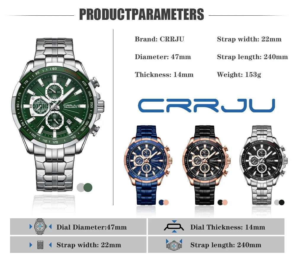 CRRJU Men's Watches Fashion Business Multifunction Quartz Chronograph with Auto Date and Luminous Hands Relogio Masculino