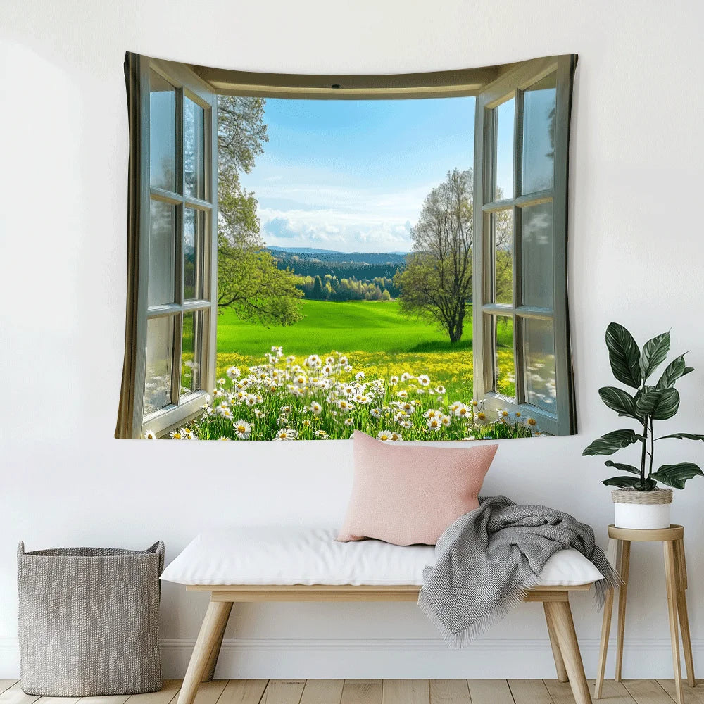Spring Window View Tapestry" - Perfect for Scenic, Serene & Unique Home Decor with Nature Charm and Fresh Vibes