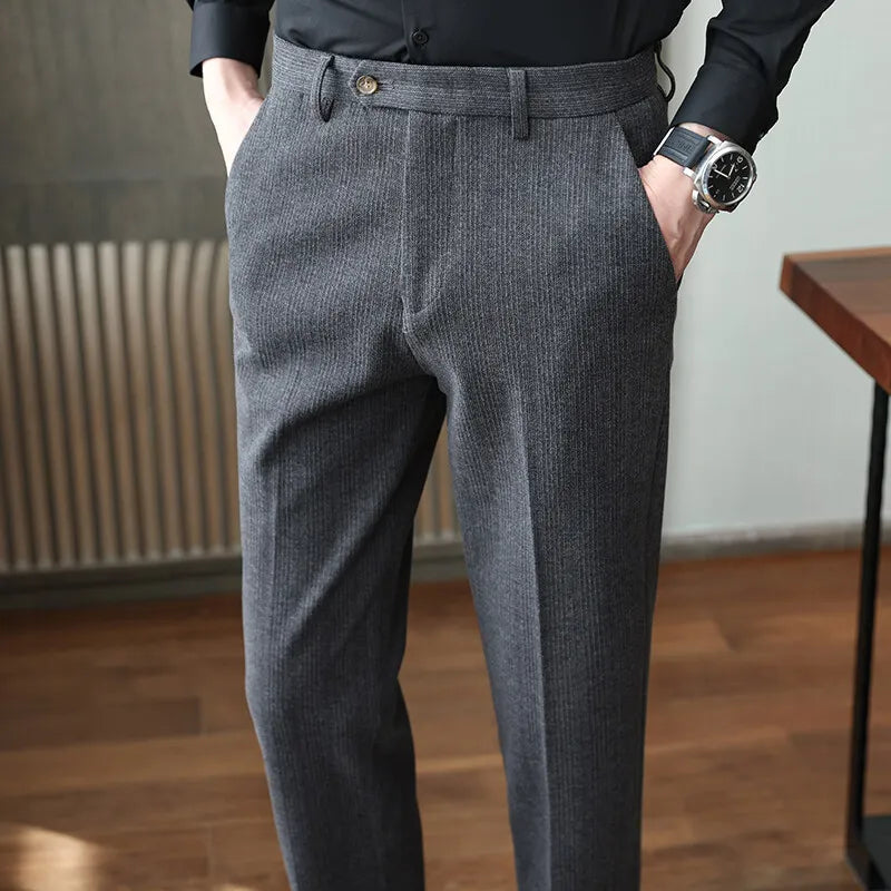 2024 Autumn and Winter New Wheat Grain Woolen Thick Khaki Trousers for Men, Coffee Color Fashionable Versatile Mens Casual Pants