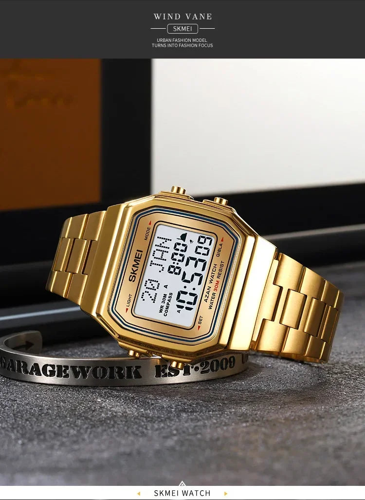 SKMEI 2113 Mens Prayer Azan Compass Alarm Hijri Islamic Digital Wristwatches New Back Light Display Stopwatch Sports Watches