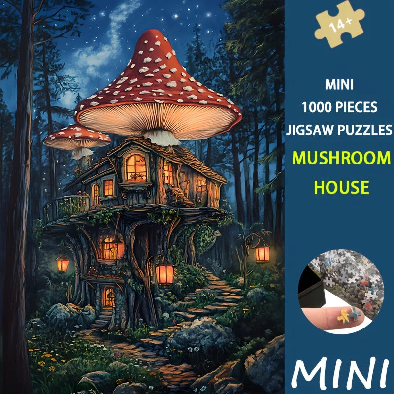 Mini Size Puzzle 1000 Pieces Mushroom House Art Fantasy - Premium Thick Cardboard, Adults & Collectors, Home Decor