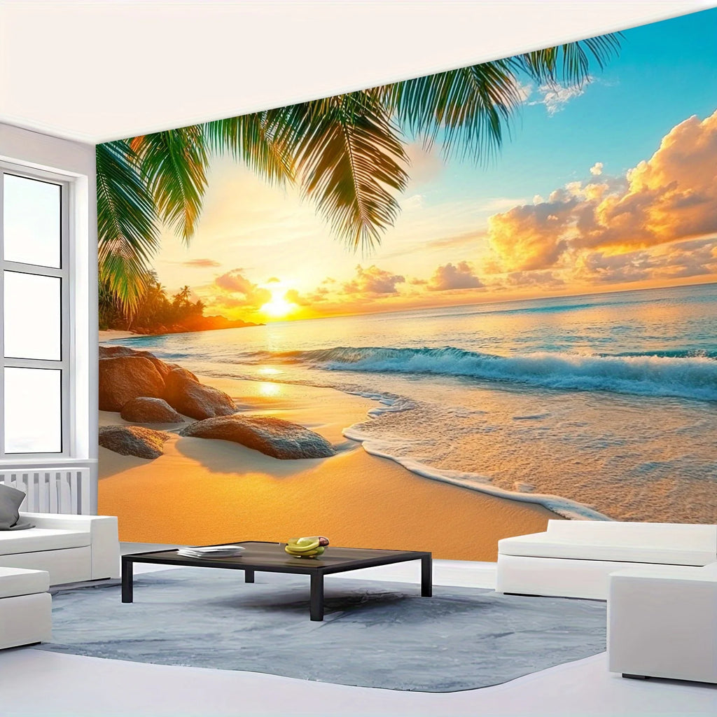 Tropical Paradise Sunset Wall Tapestry for Relaxing Home Decor, Featuring a Stunning View of a Golden Sunset Over Calm