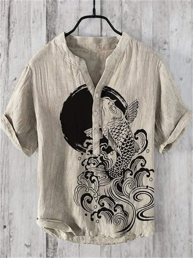 Hawaiian Men's Linen V-neck Shirt Men's T-shirt 2024 New 100% Linen Shirt HD Pattern Plus Size Crane Landscape Painting Shirt