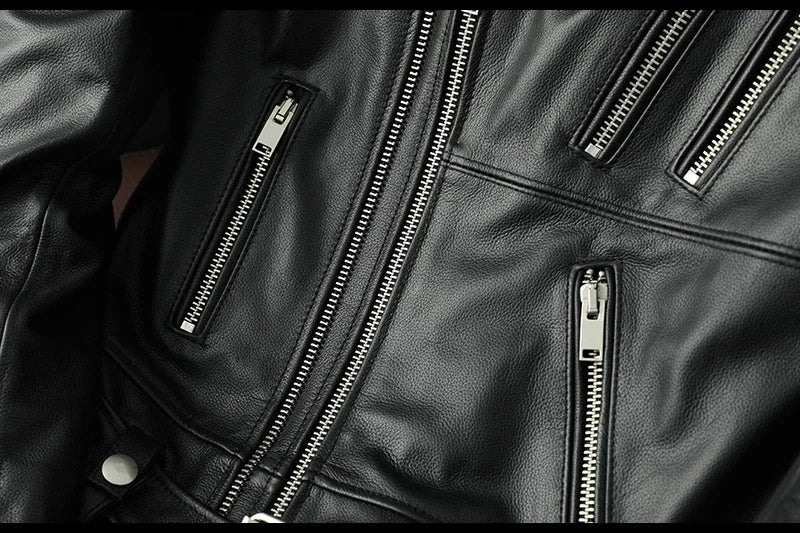 2025 New Genuine Cow Leather Jacket Men Autumn Winter Male Coats Diagonal zipper and Multi Pocket slim Motorcycle Clothing