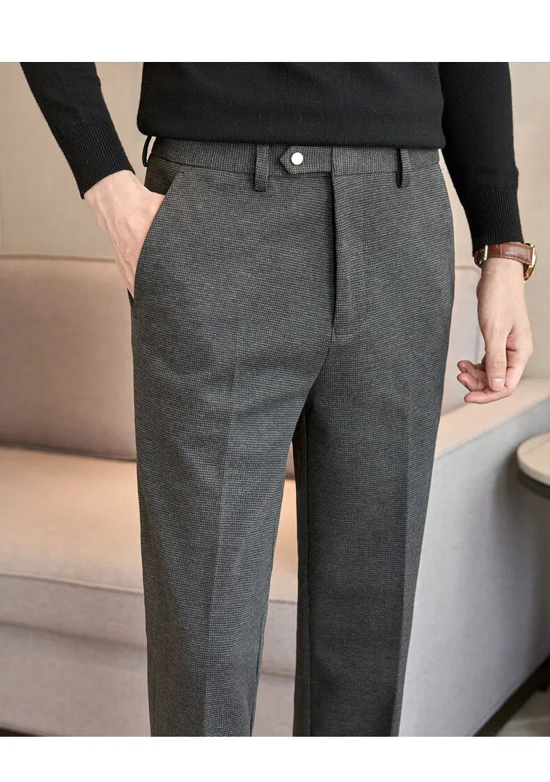 2024 Autumn and Winter New Wheat Grain Woolen Thick Khaki Trousers for Men, Coffee Color Fashionable Versatile Mens Casual Pants