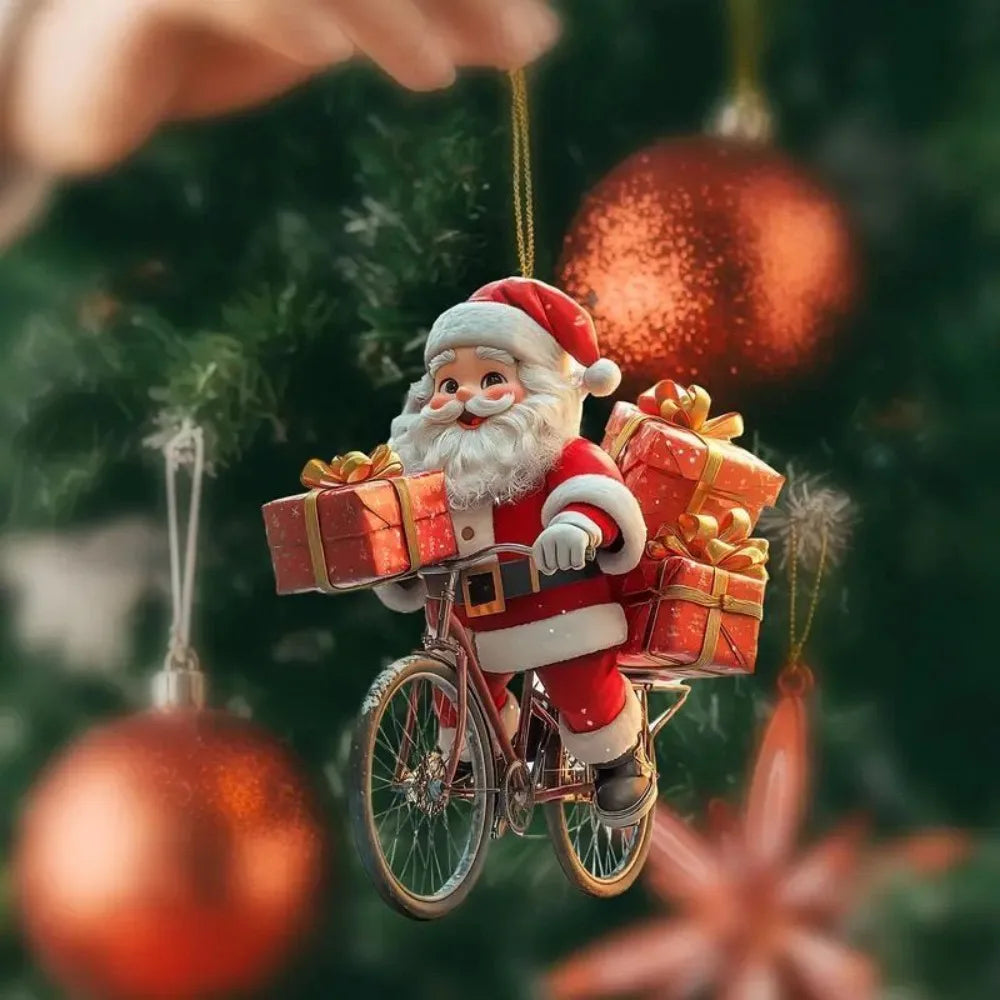 8/16/24PCS Christmas Wooden Bicycle Santa Claus 2D Flat Pendant Xmas Tree Decoration Holiday Gift Christmas Ornaments Home Decor