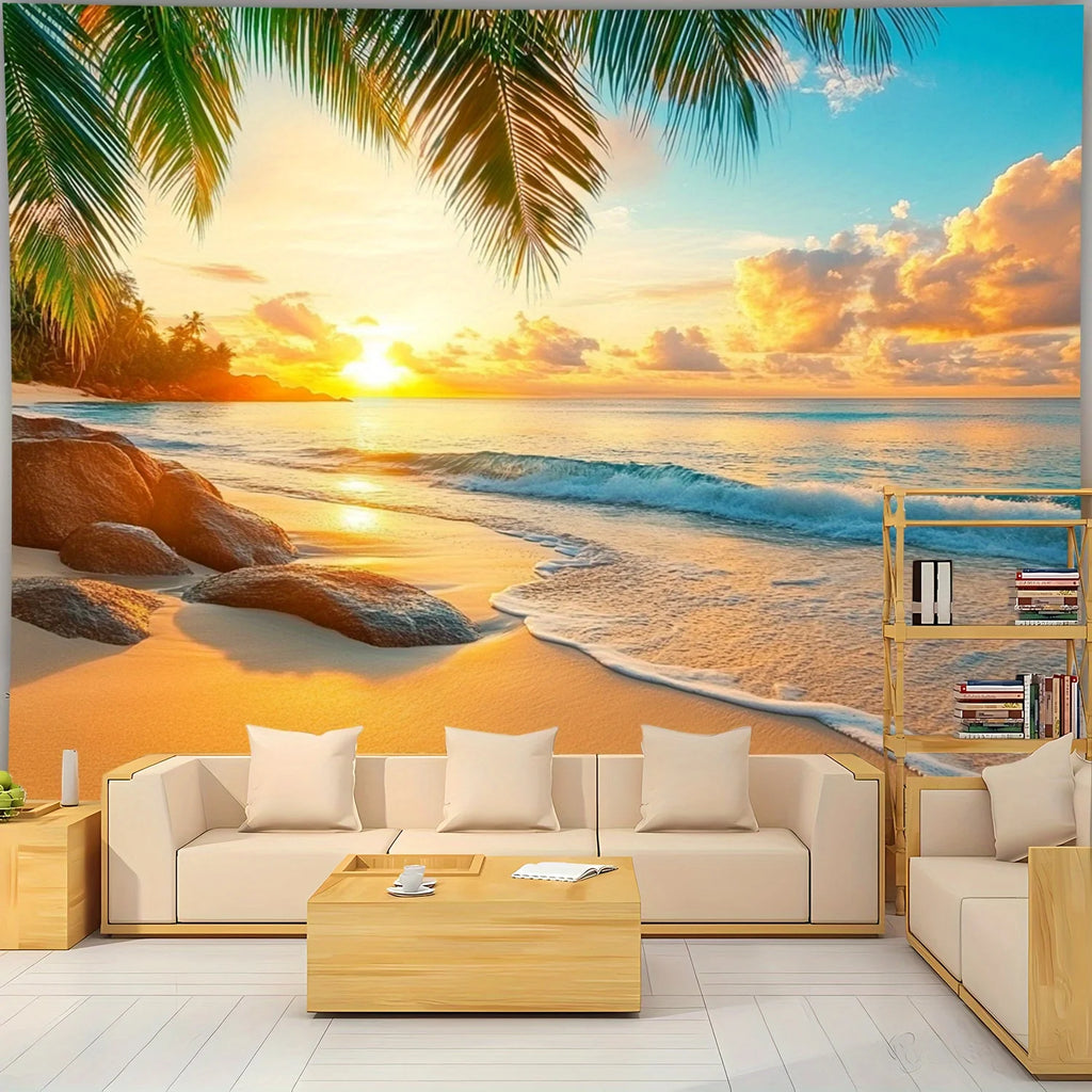 Tropical Paradise Sunset Wall Tapestry for Relaxing Home Decor, Featuring a Stunning View of a Golden Sunset Over Calm
