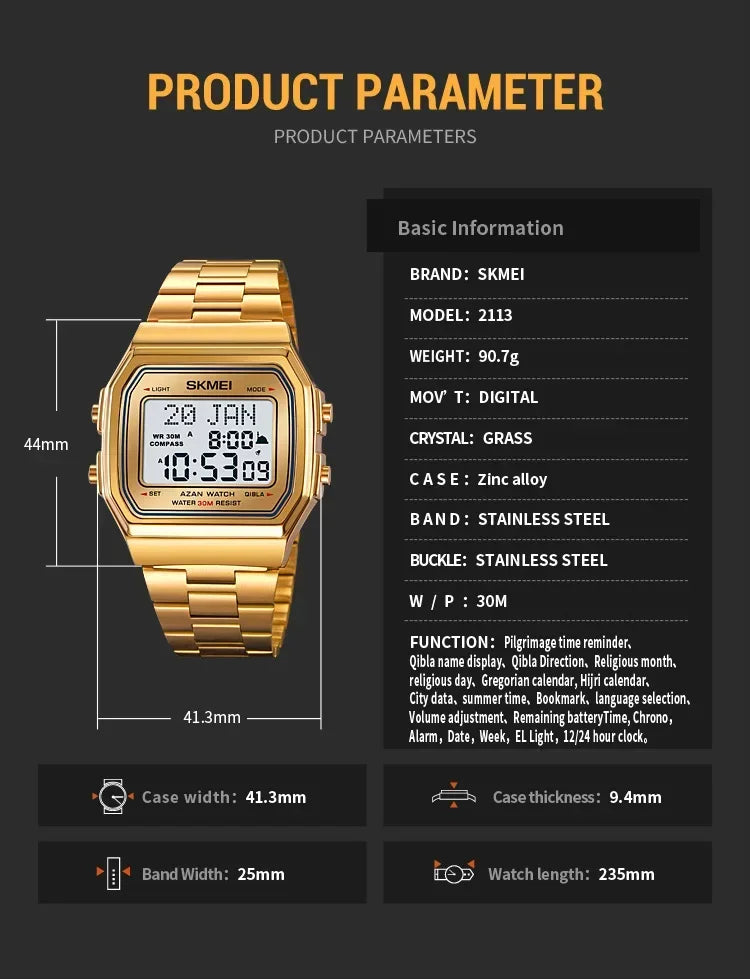 SKMEI 2113 Mens Prayer Azan Compass Alarm Hijri Islamic Digital Wristwatches New Back Light Display Stopwatch Sports Watches