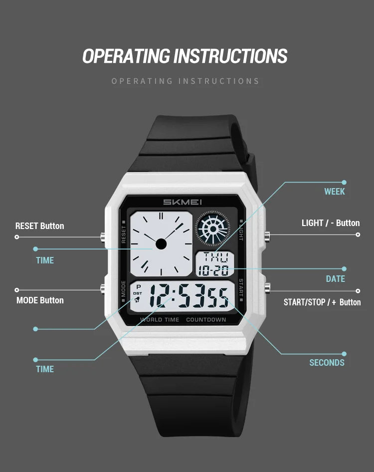 Skmei 5 Alarm Clock Male Military Sports Watches Analog Digital Display Multiple Time Zone Waterproof Swimming Mens Stop Watch