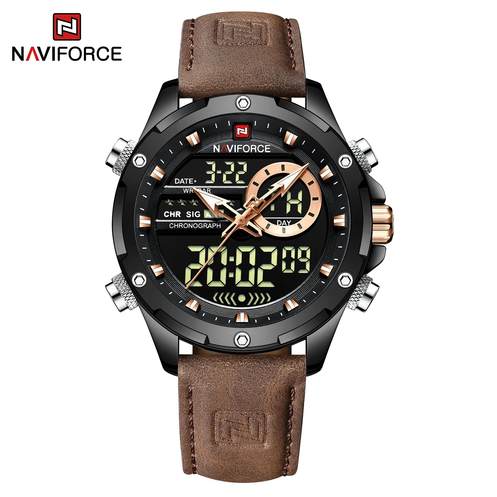 Naviforce Mens Original Watches 2025 Men Fashion Sports Waterproof Luxury Corium Strap Men Wristwatch with Calendar Dual Display
