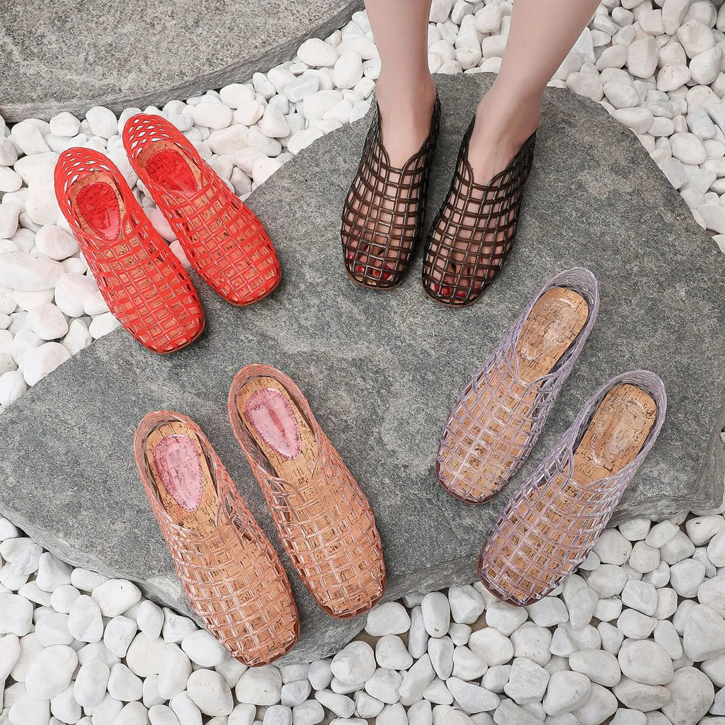 New 2026 Women Leisure Jelly Sandals Cut-out Soft PVC Breathable Summer Flat Shoes Close Toe Female Street Flats