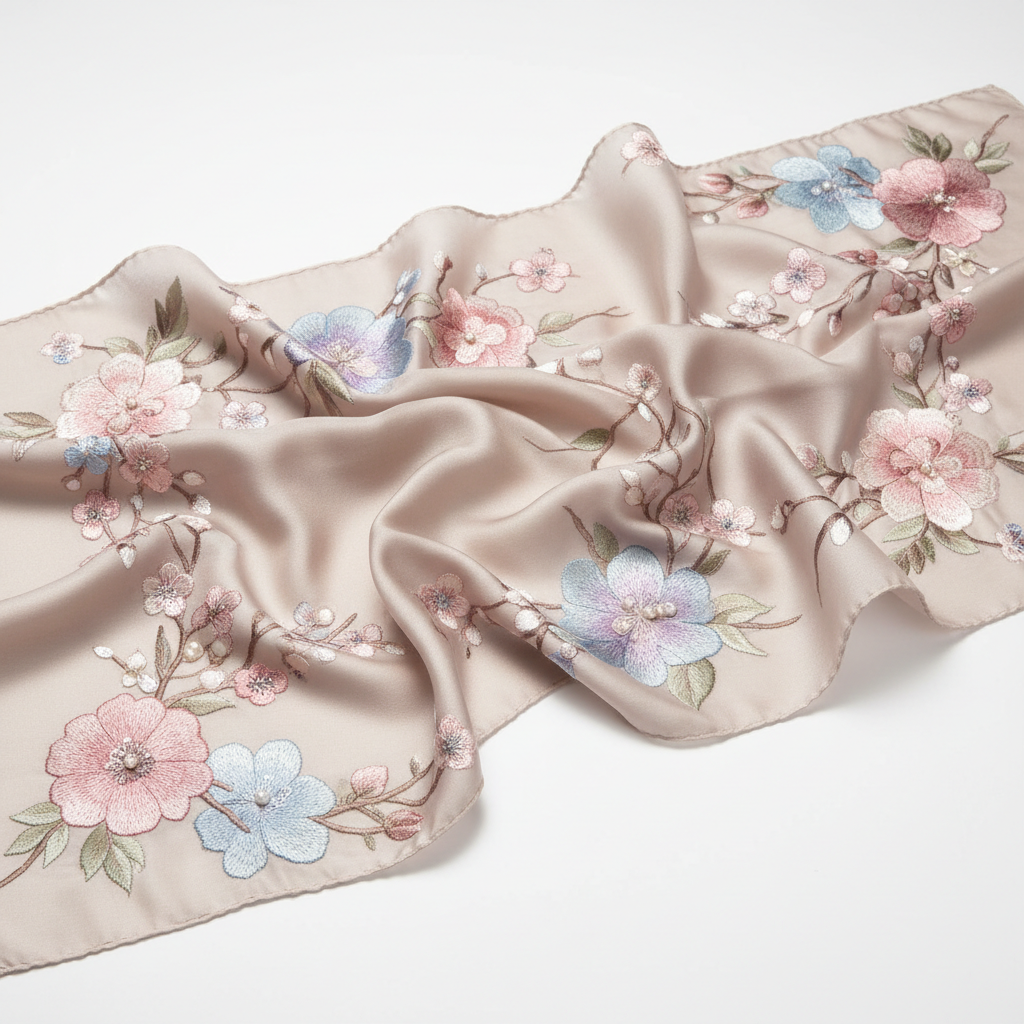 Embroidered Floral Silk Scarf
